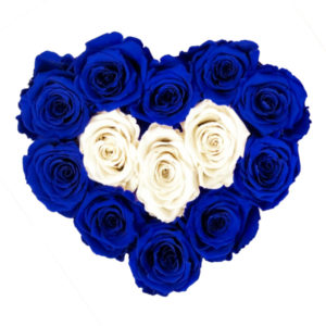 The Royal Roses - Rosenbox in Herzform mit blauen und weißen Rosen