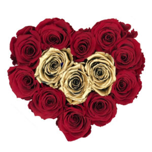 The Royal Roses - Rosenbox in Herzform mit roten und goldenen Rosen